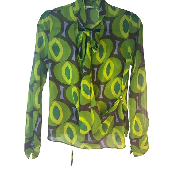 ZARA Green Wrap Small Blouse With Tie Neck & Button Details Lightweight Sheer - Picture 6 of 15